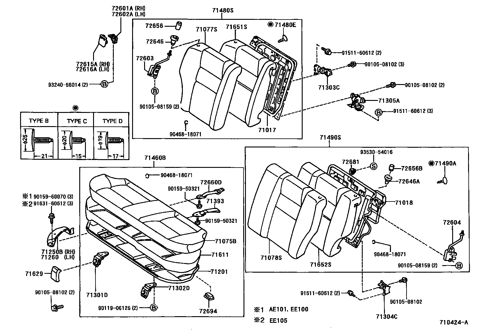 Toyota COROLLA 后排座椅和座椅滑轨 EPC diagram — 710424A