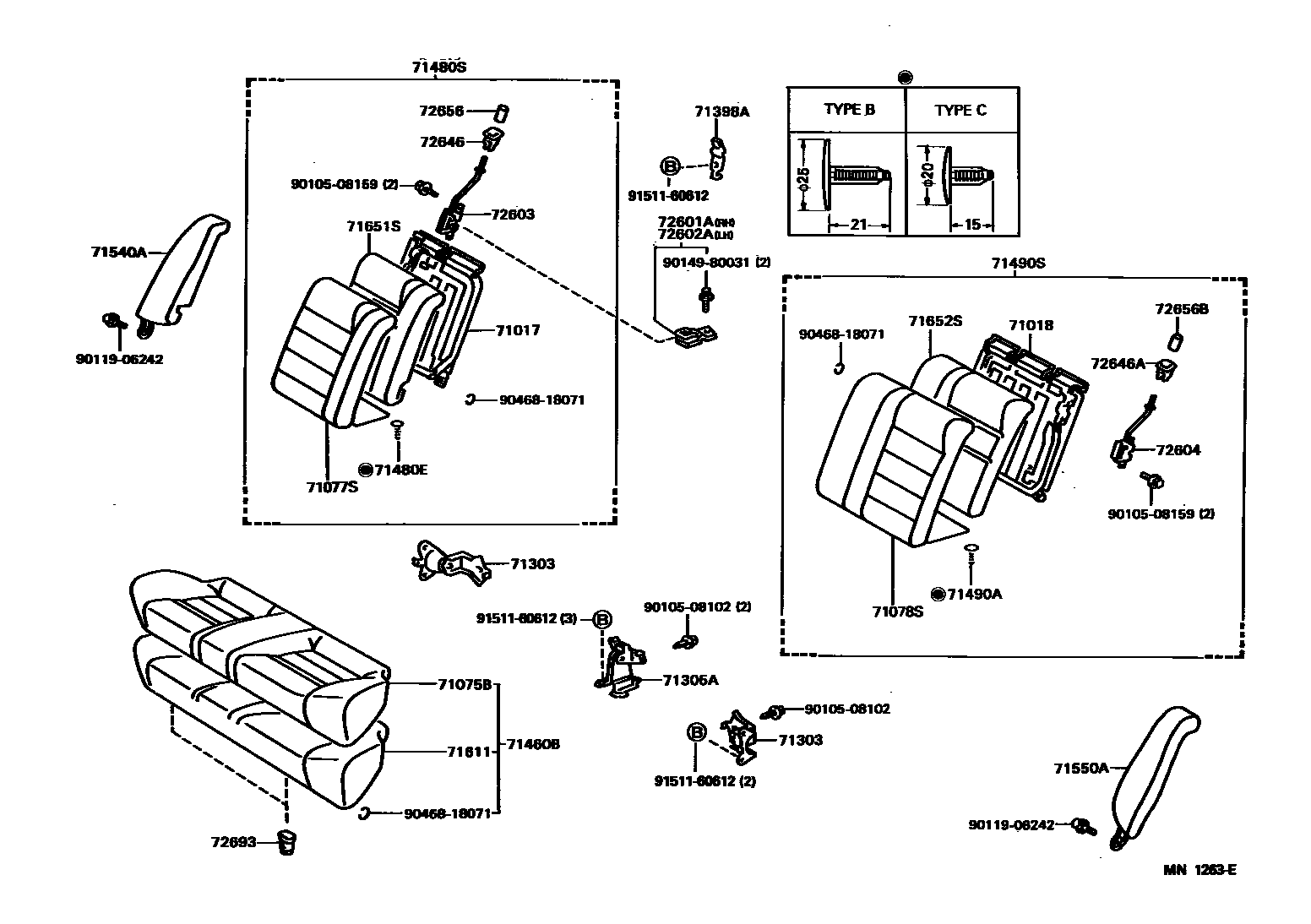 Toyota COROLLA 后排座椅和座椅滑轨 EPC diagram — MN1263E
