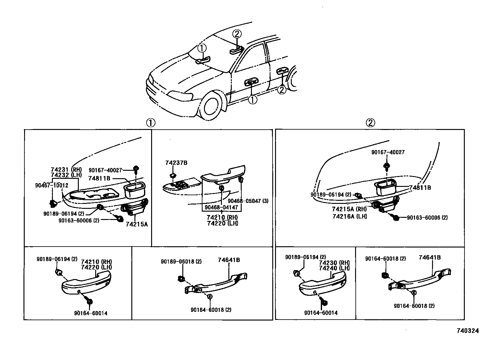Toyota COROLLA 扶手和遮阳板 EPC diagram — 740324