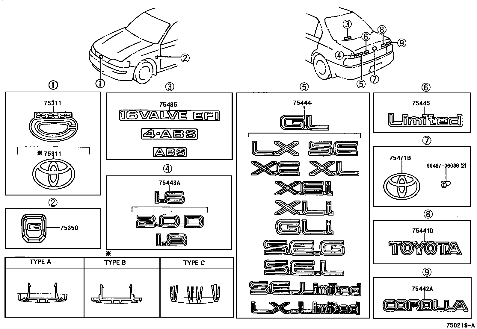 Toyota COROLLA 丰田徽标和铭牌(车外和车内) EPC diagram — 750219A