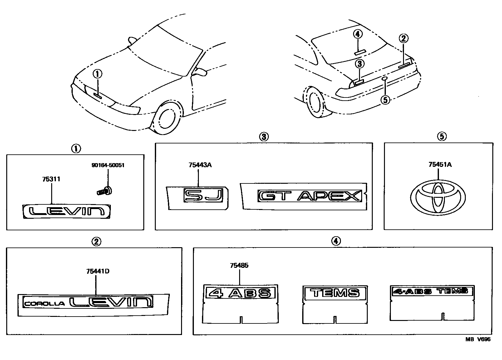 Toyota COROLLA 丰田徽标和铭牌(车外和车内) EPC diagram — MBV696
