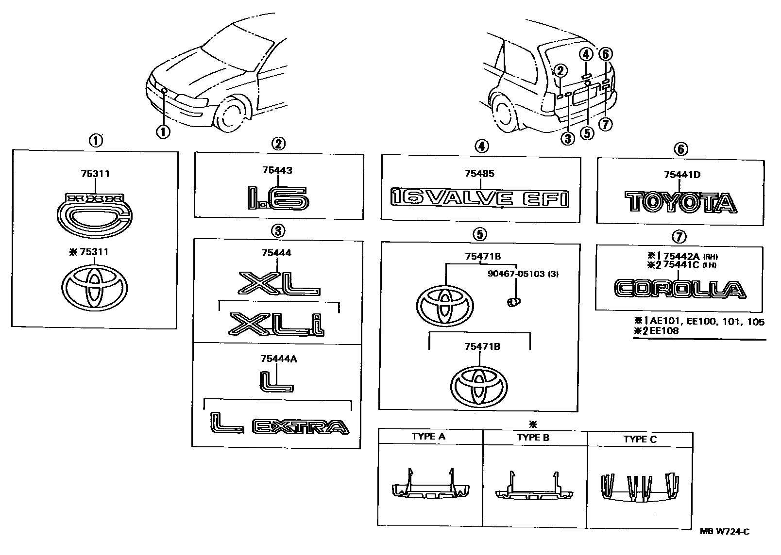 Toyota COROLLA 丰田徽标和铭牌(车外和车内) EPC diagram — MBW724C
