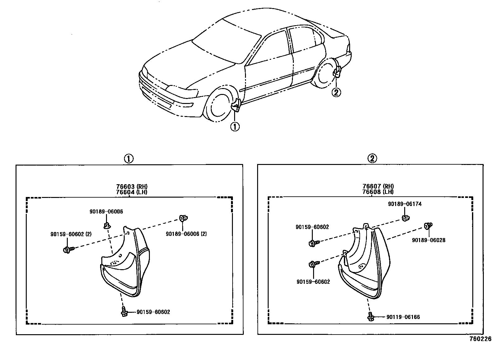 Toyota COROLLA 挡泥板和扰流板 EPC diagram — 760226