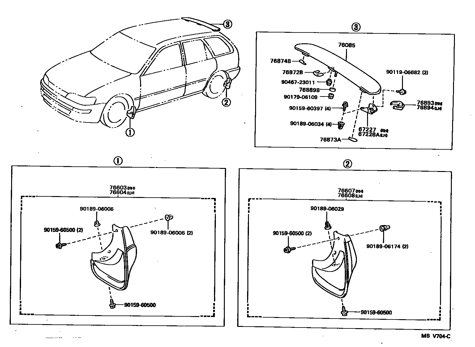 Toyota COROLLA 挡泥板和扰流板 EPC diagram — MBV704C