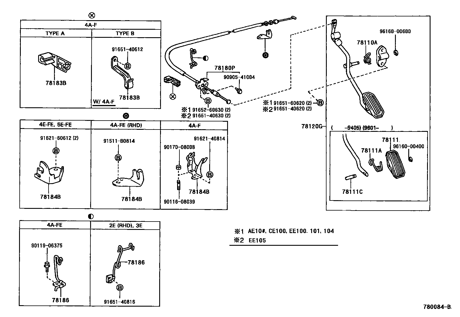 Toyota COROLLA accelerator pedal connecting rod EPC diagram — 780084B