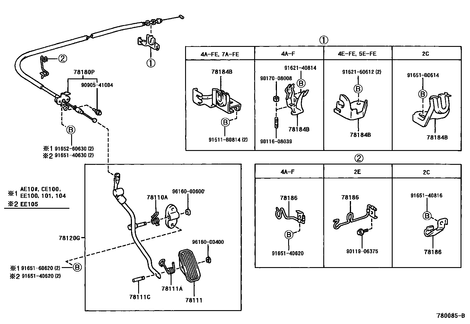 Toyota COROLLA accelerator pedal connecting rod EPC diagram — 780085B