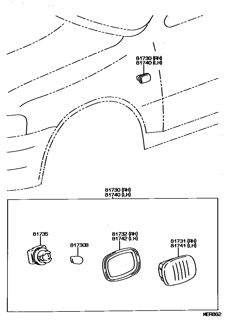 Toyota COROLLA Side Turn Signal & Outer Mirror Lamp EPC diagram — MER862