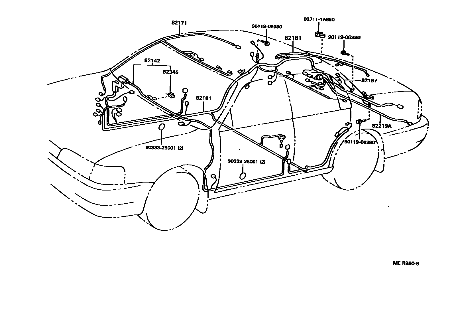 Toyota COROLLA 线束和卡夹 EPC diagram — MER980B