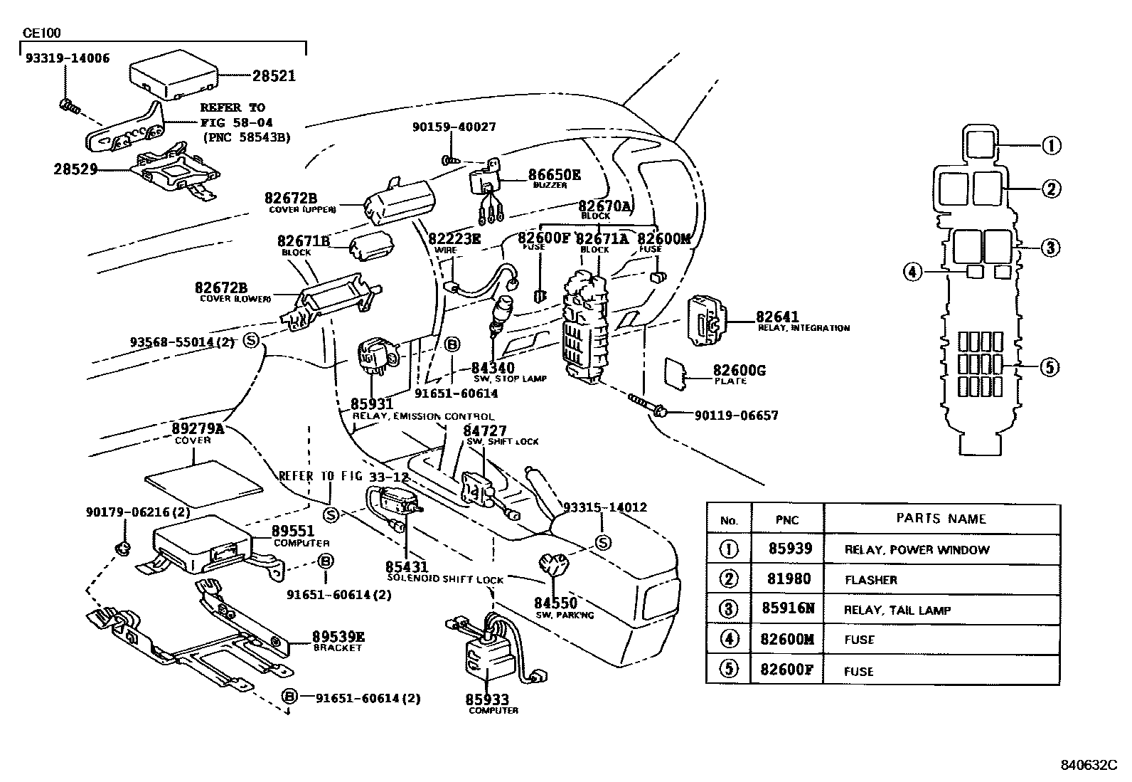 Toyota COROLLA 开关和继电器和ECU EPC diagram — 840632C
