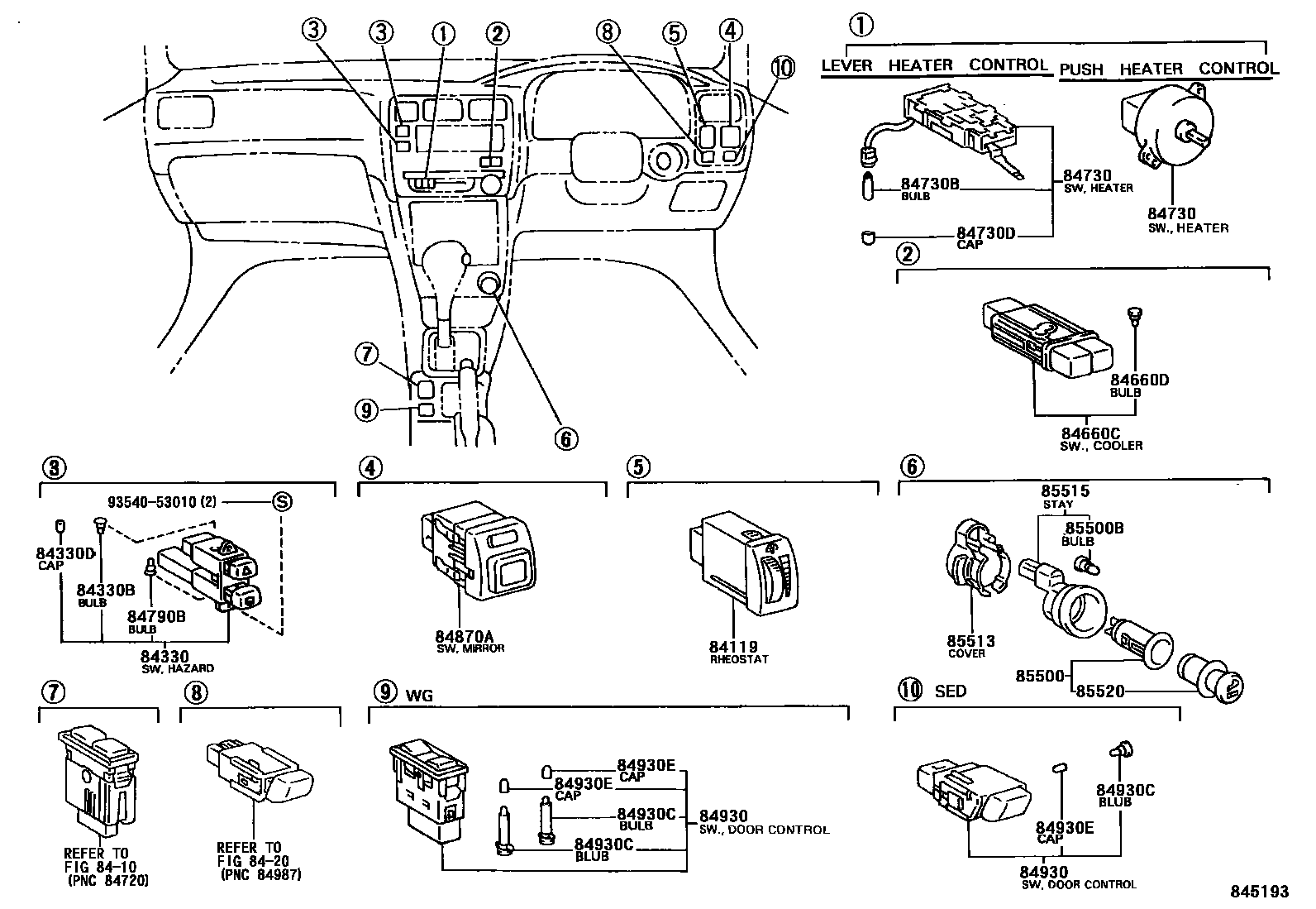 Toyota COROLLA 开关和继电器和ECU EPC diagram — 845193