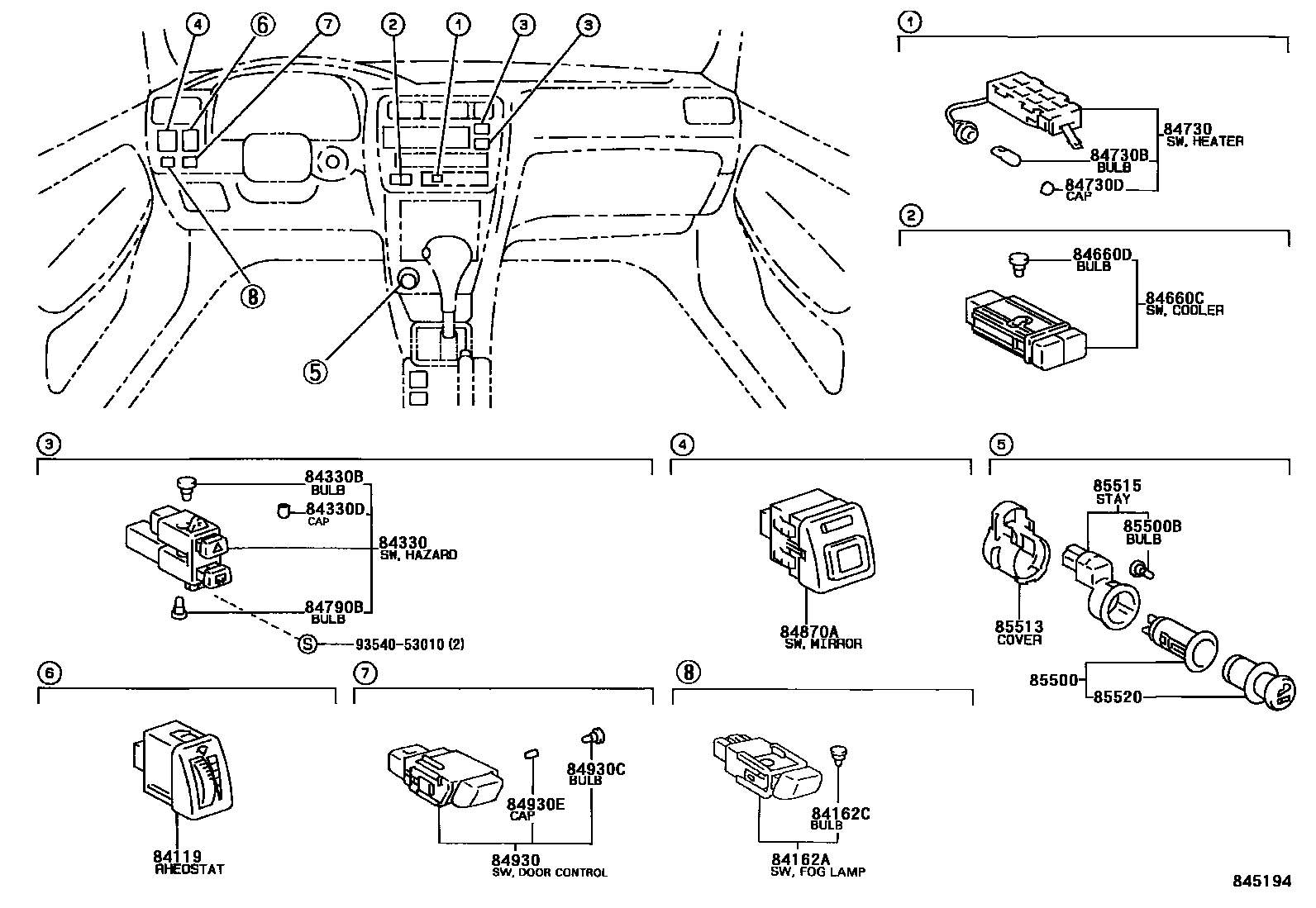 Toyota COROLLA 开关和继电器和ECU EPC diagram — 845194