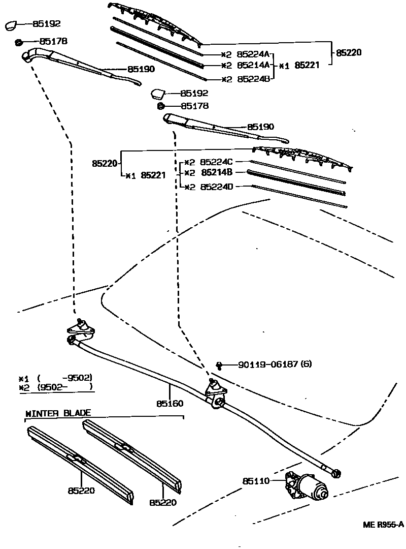 Toyota COROLLA 挡风玻璃刮水器 EPC diagram — MER955A