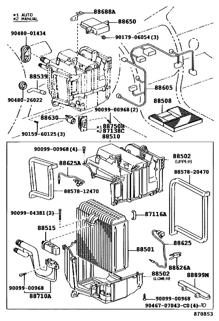 Toyota COROLLA 暖风和空调系统 - 冷却器组件 EPC diagram — 870853A