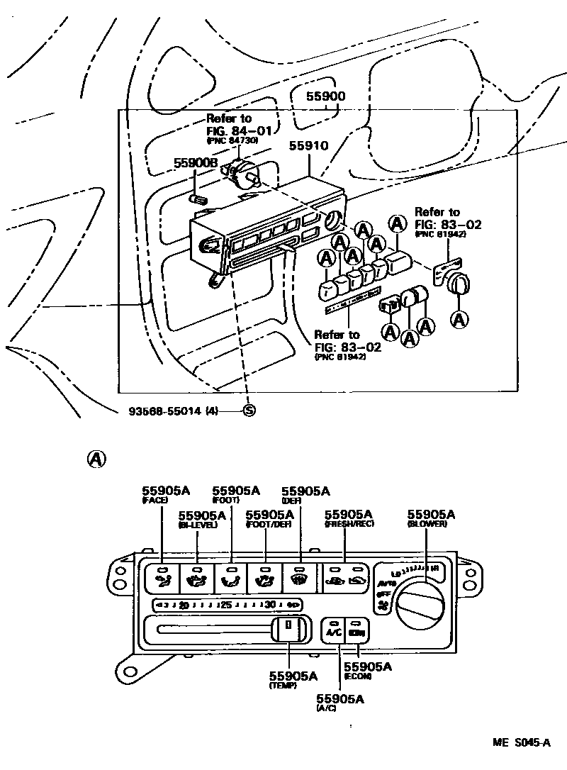 Toyota COROLLA 暖风和空调系统 - 控制器和风管 EPC diagram — MES045A