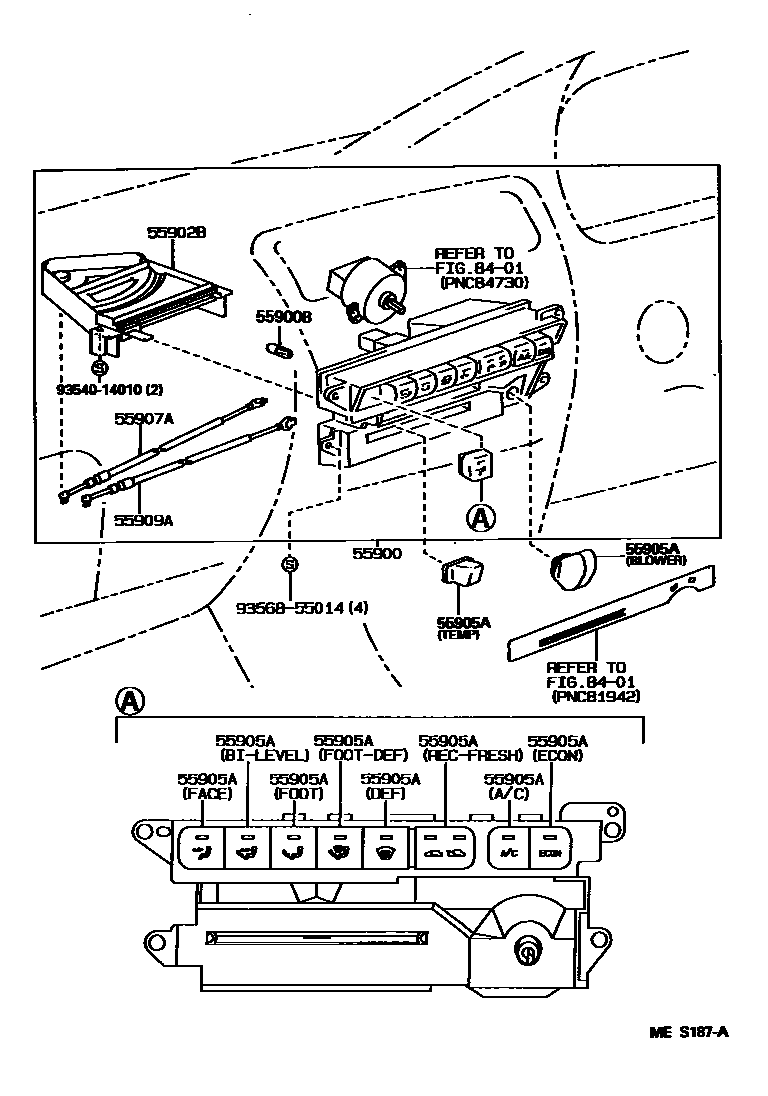 Toyota COROLLA 暖风和空调系统 - 控制器和风管 EPC diagram — MES187A