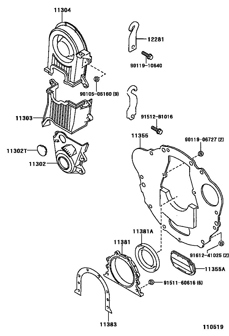 Toyota COROLLA Timing Gear Cover & Rear End Plate EPC diagram — 110519