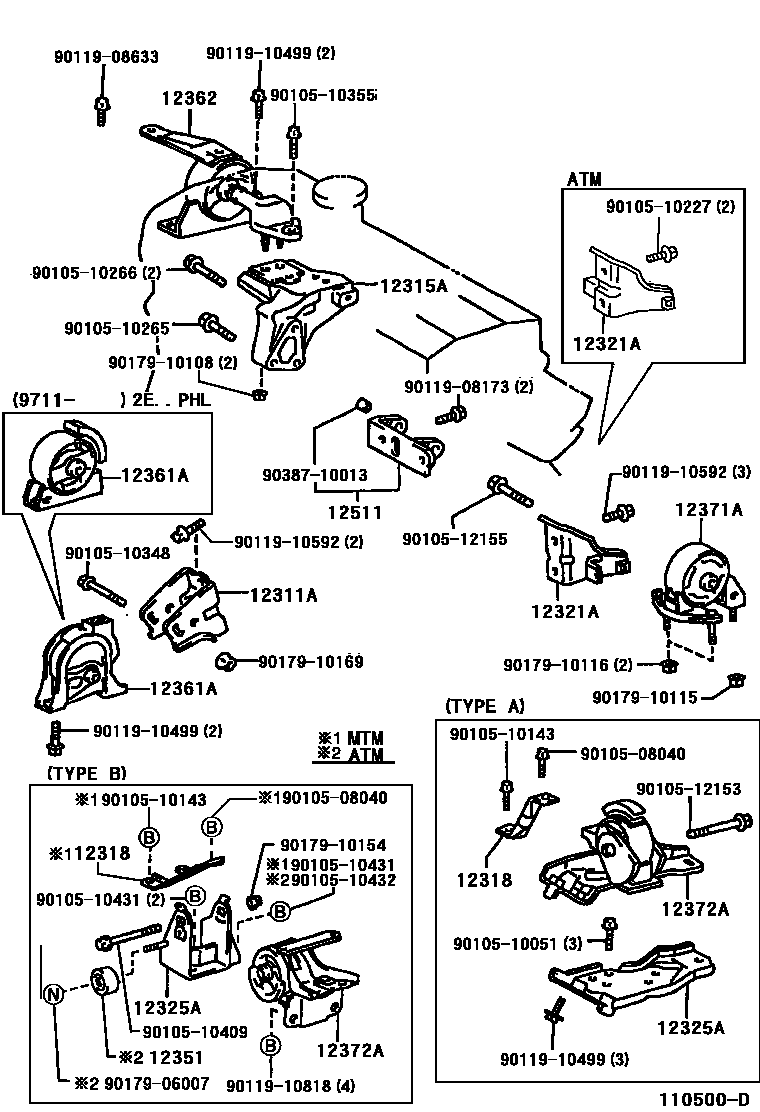 Toyota COROLLA Engine Mounting EPC diagram — 110500D