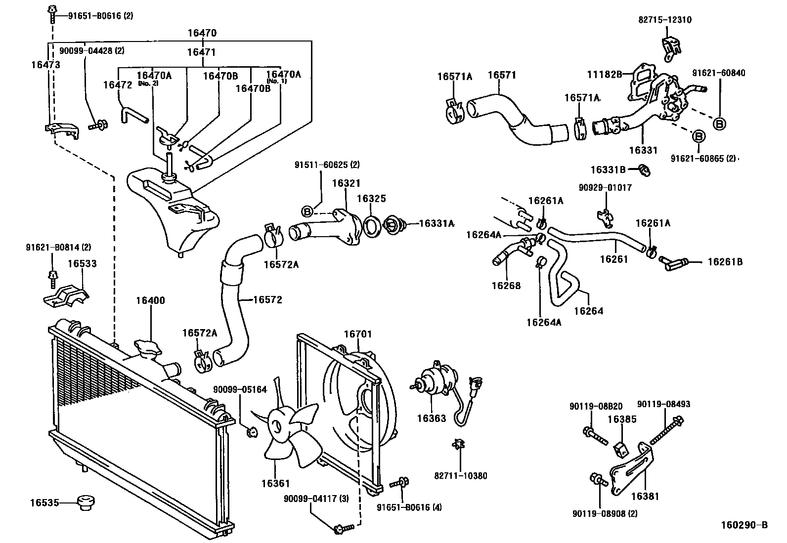 Toyota COROLLA RADIATOR & WATER OUTLET EPC diagram — 160290B