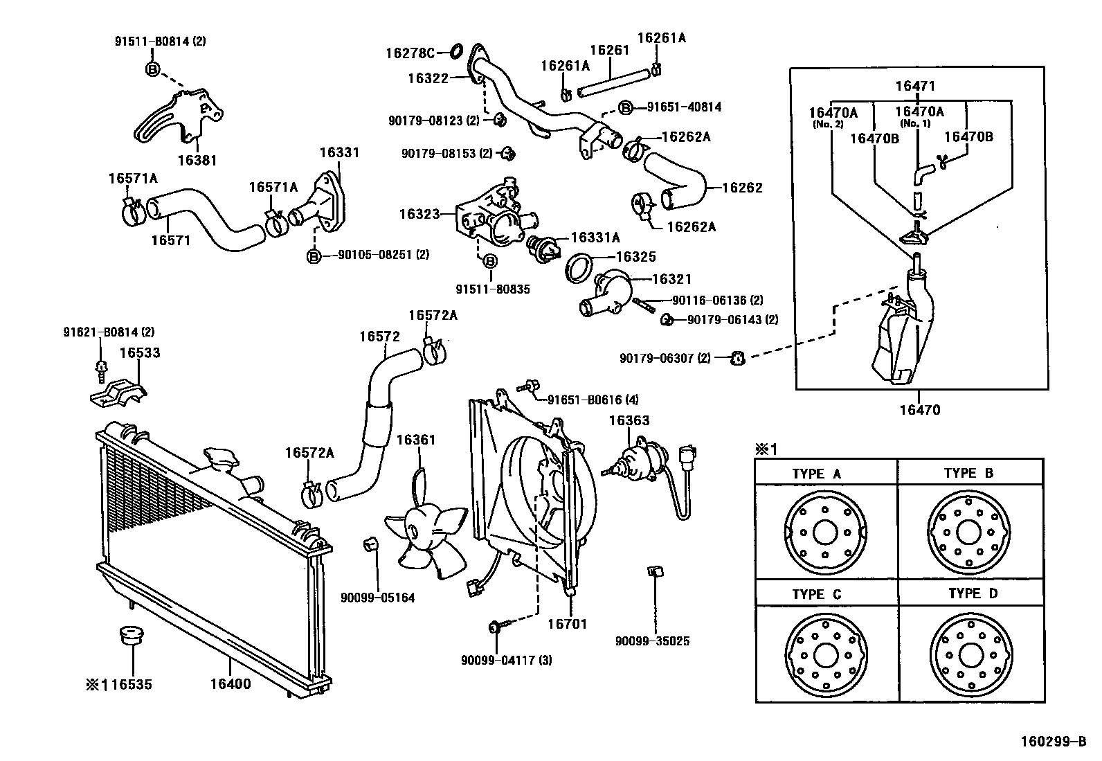 Toyota COROLLA RADIATOR & WATER OUTLET EPC diagram — 160299B