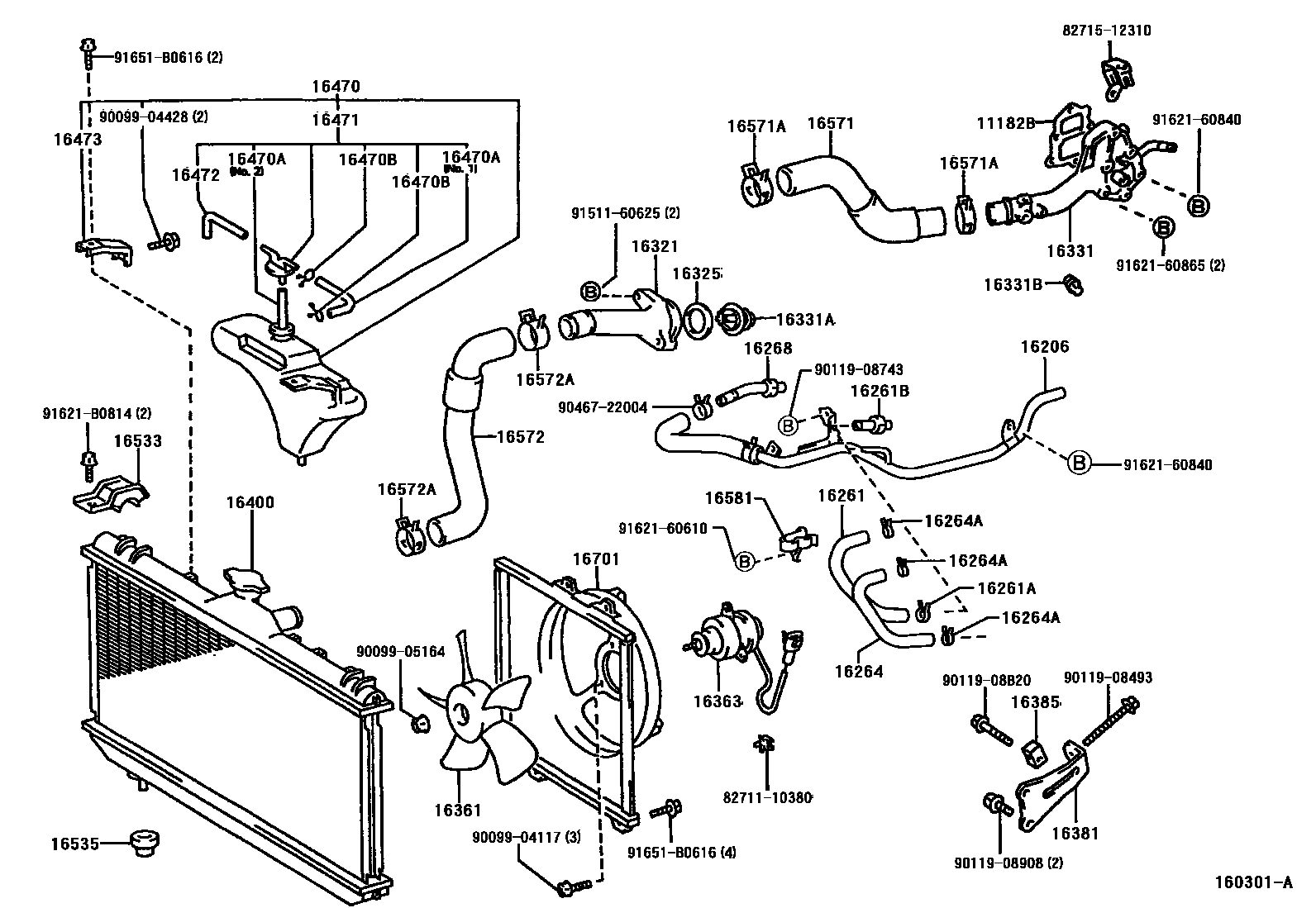 Toyota COROLLA RADIATOR & WATER OUTLET EPC diagram — 160301A