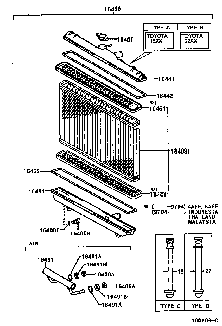 Toyota COROLLA RADIATOR & WATER OUTLET EPC diagram — 160306C