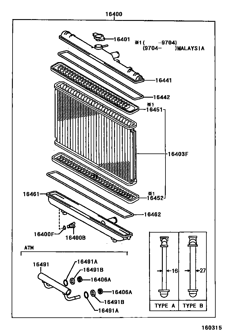 Toyota COROLLA RADIATOR & WATER OUTLET EPC diagram — 160315