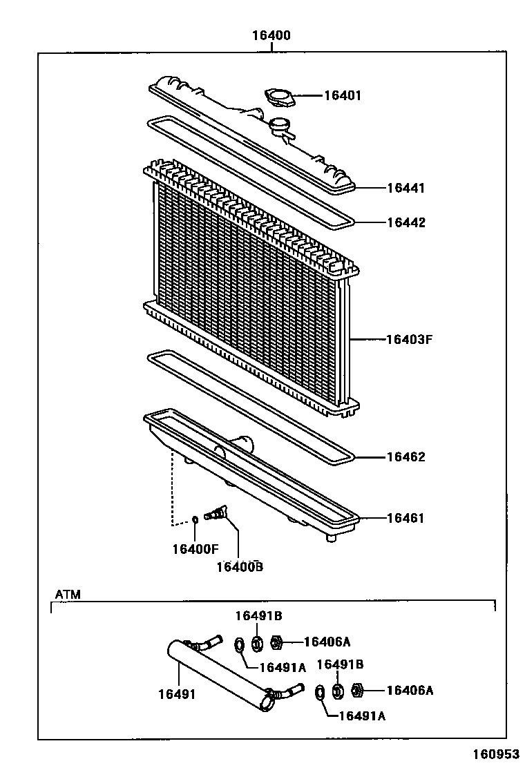 Toyota COROLLA RADIATOR & WATER OUTLET EPC diagram — 160953
