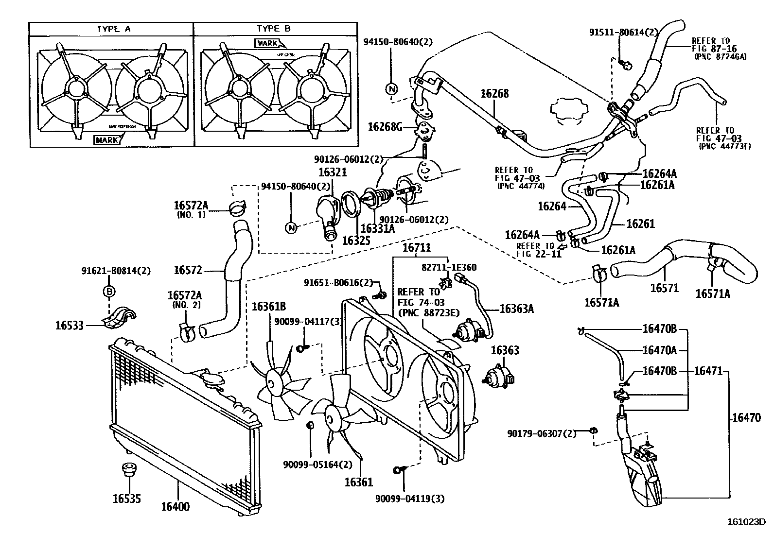 Toyota COROLLA RADIATOR & WATER OUTLET EPC diagram — 161023D