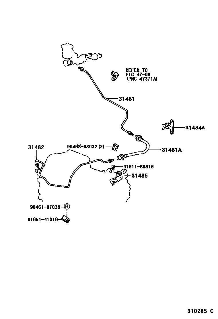 Toyota COROLLA 离合器踏板和挠性软管 EPC diagram — 310285C