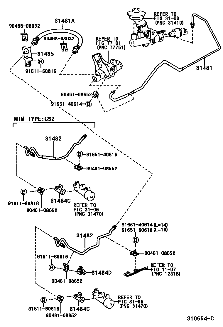 Toyota COROLLA 离合器踏板和挠性软管 EPC diagram — 310664C