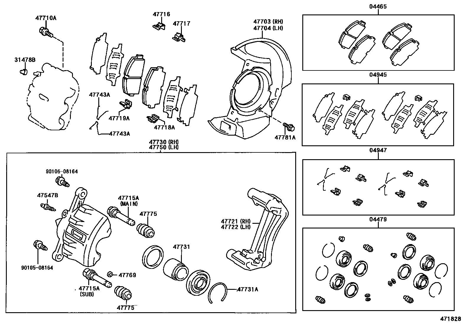 Toyota COROLLA 前盘式制动器卡钳和防尘罩 EPC diagram — 471828