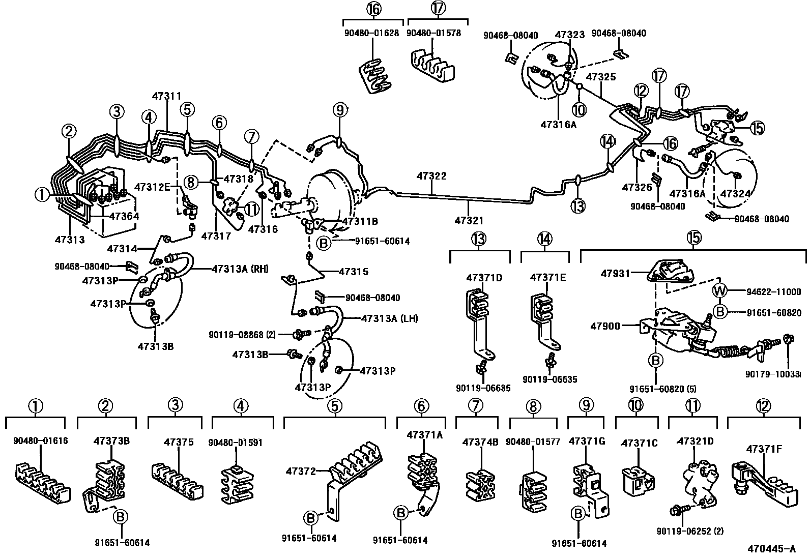 Toyota COROLLA 制动配管和卡箍 EPC diagram — 470445A