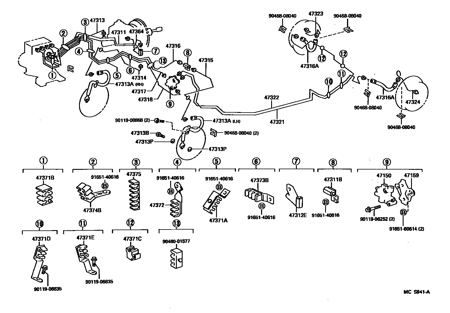Toyota COROLLA 制动配管和卡箍 EPC diagram — MCS941A