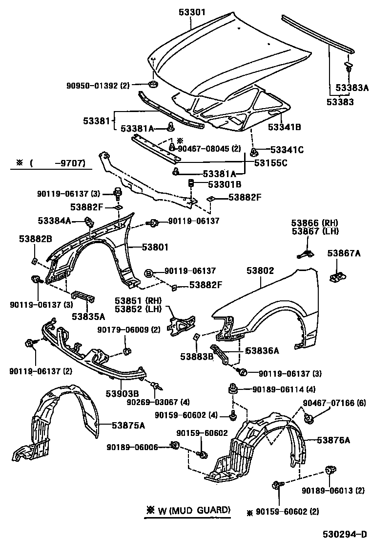 Toyota COROLLA 发动机盖和前翼子板 EPC diagram — 530294D