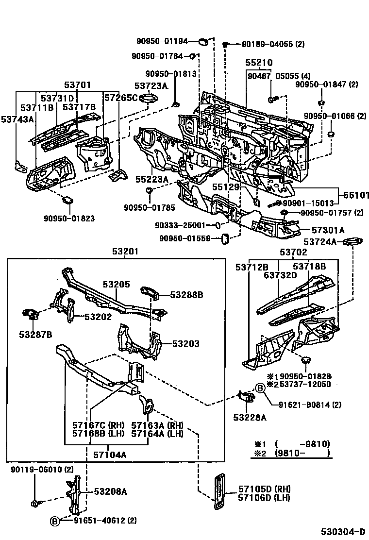 Toyota COROLLA 前翼子板挡泥板和前围板 EPC diagram — 530304D