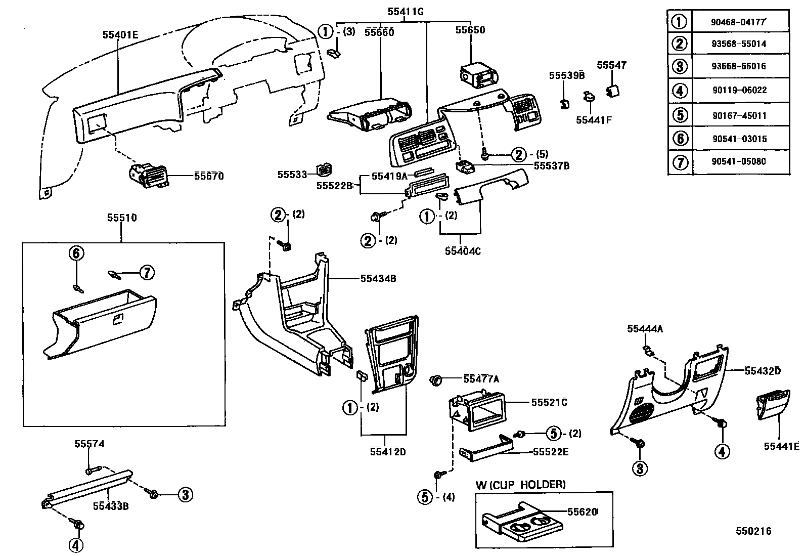 Toyota COROLLA 仪表板和手套箱 EPC diagram — 550216