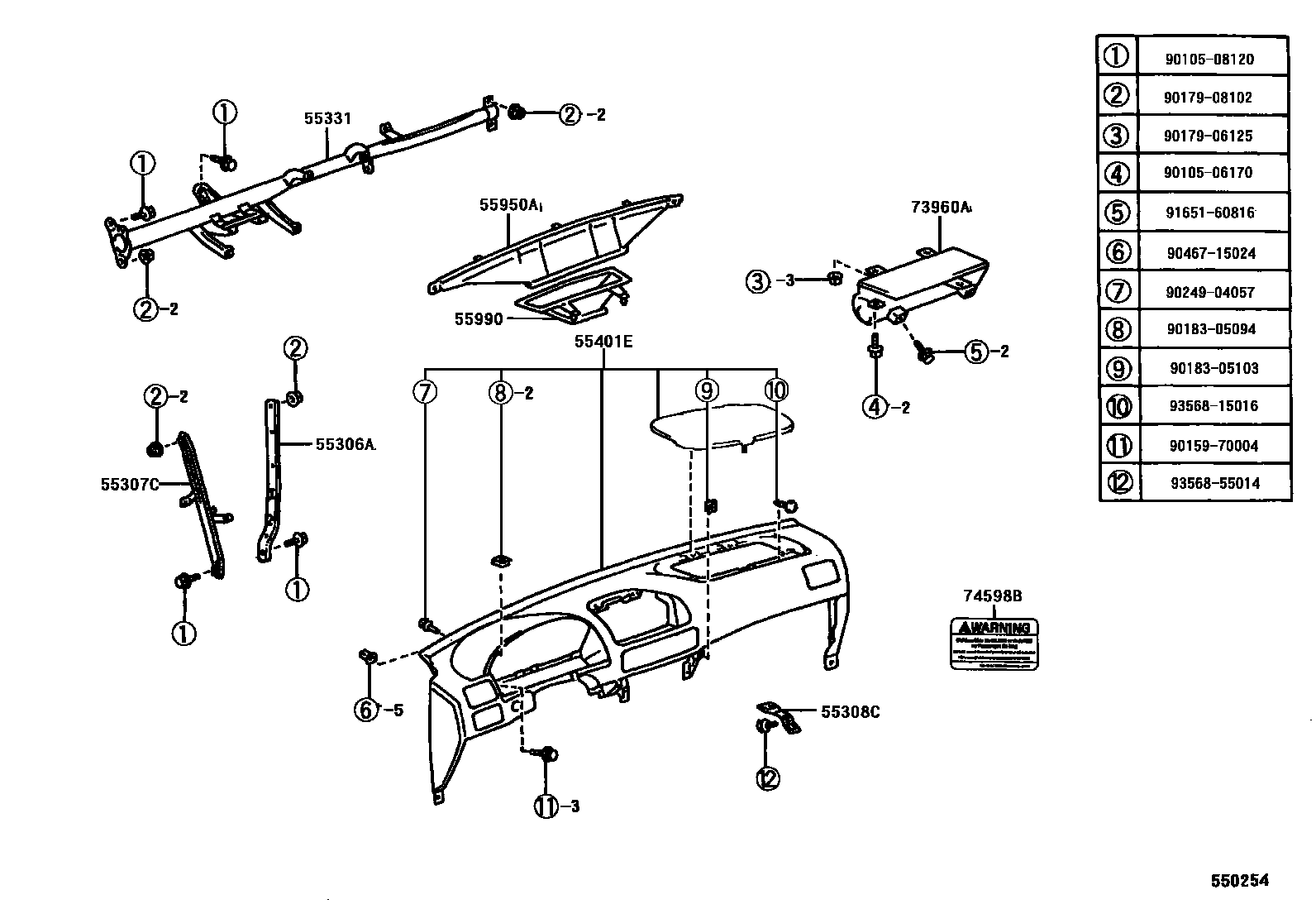 Toyota COROLLA 仪表板和手套箱 EPC diagram — 550254