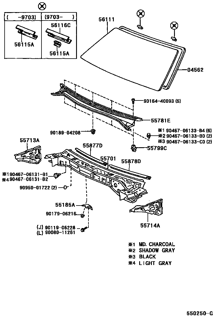 Toyota COROLLA 前围板和挡风玻璃 EPC diagram — 550250G