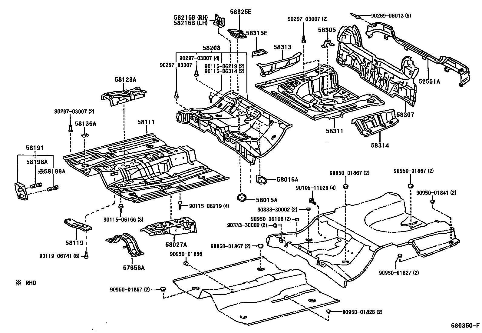 Toyota COROLLA 浅盘形地板和车身下背板 EPC diagram — 580350F