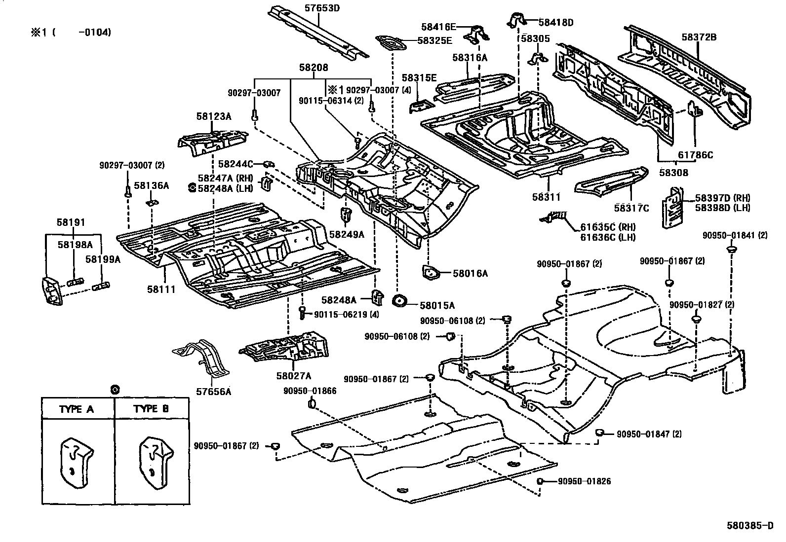 Toyota COROLLA 浅盘形地板和车身下背板 EPC diagram — 580385D