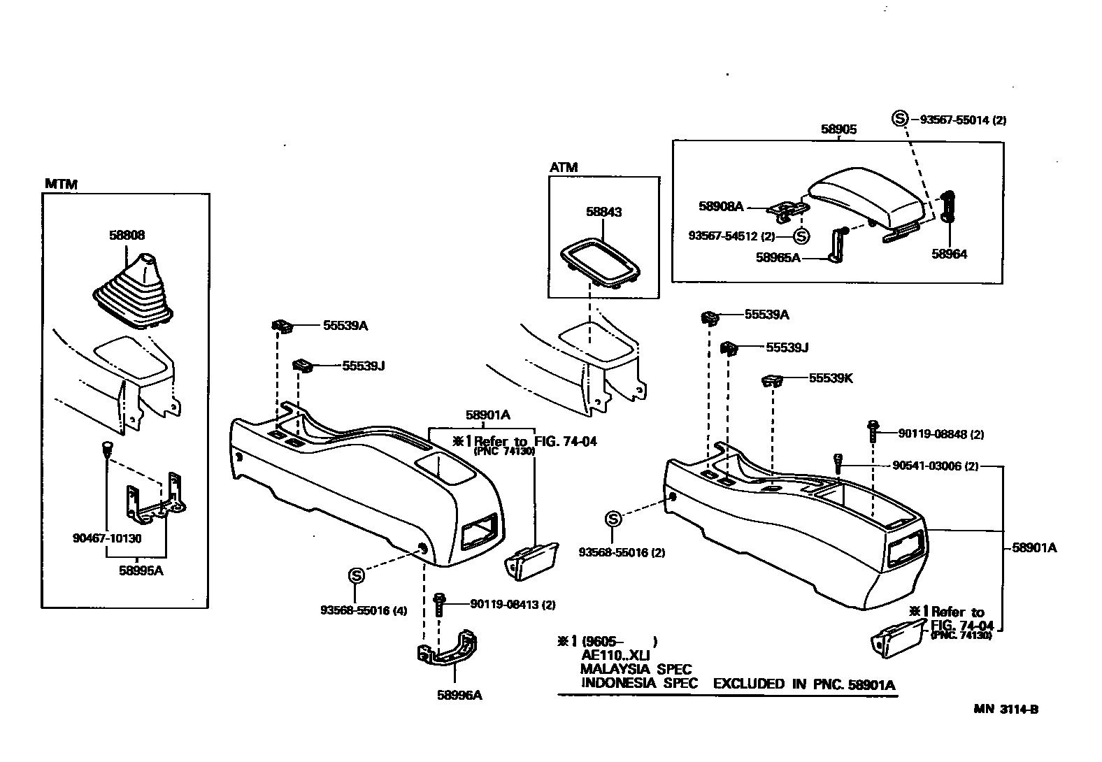 Toyota COROLLA 中央扶手箱和支架 EPC diagram — MN3114B
