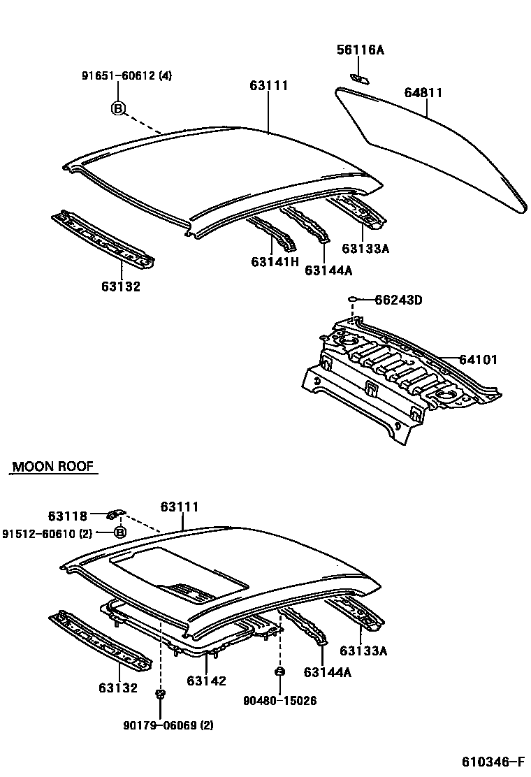 Toyota COROLLA 天窗板和背窗玻璃 EPC diagram — 610346F