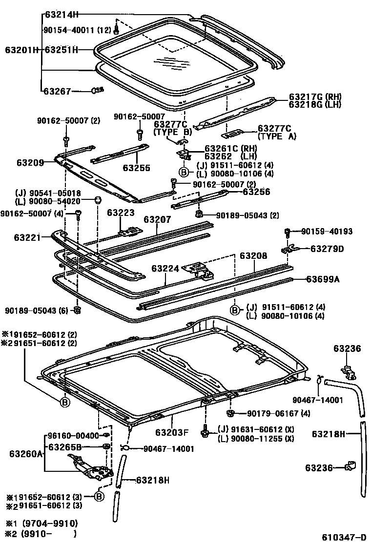 Toyota COROLLA 天窗板和背窗玻璃 EPC diagram — 610347D