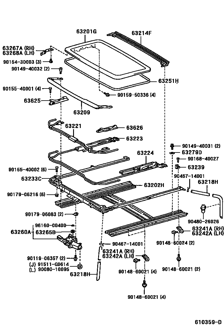 Toyota COROLLA 天窗板和背窗玻璃 EPC diagram — 610359D