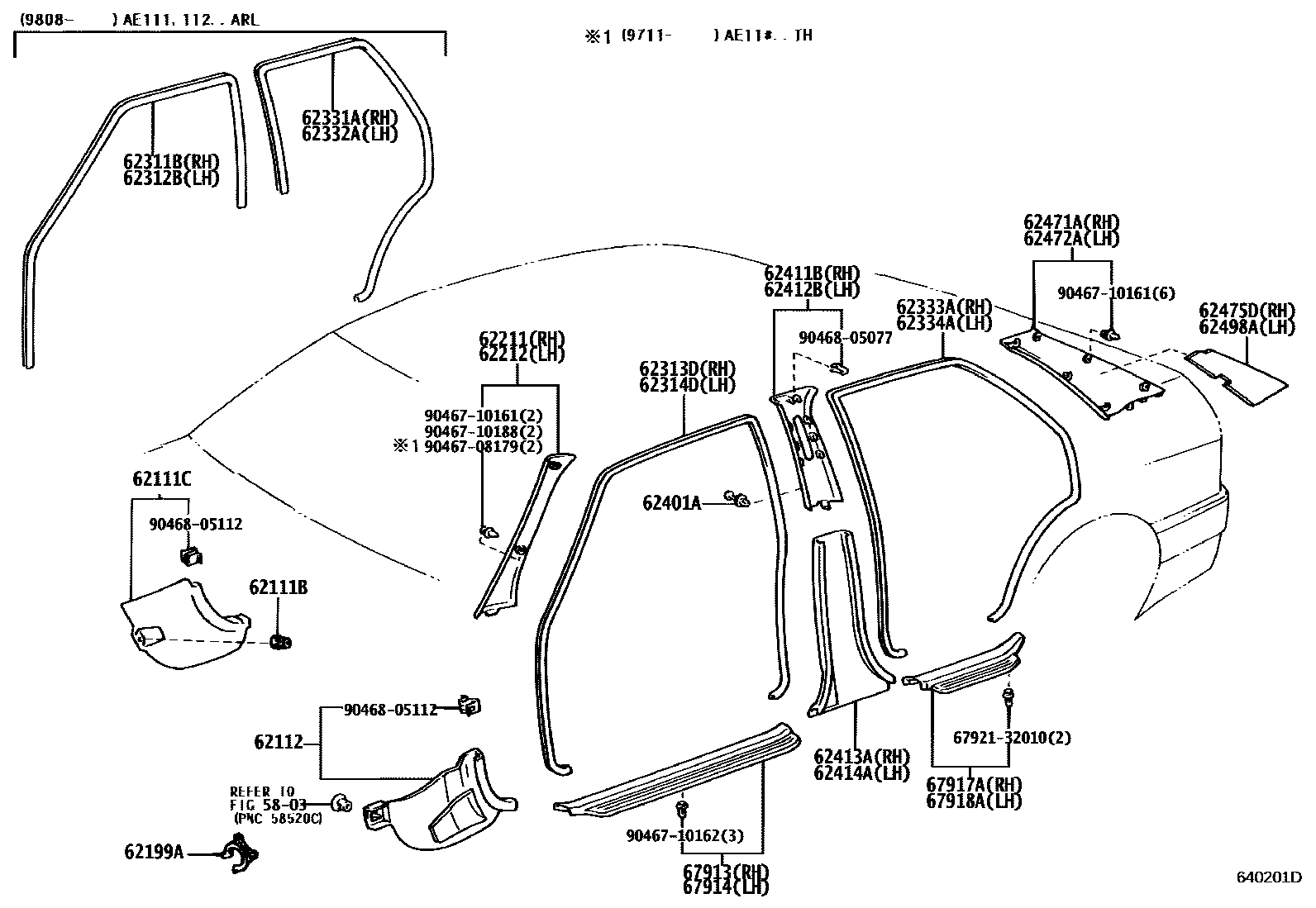 Toyota COROLLA 内饰板和车门防水胶条 EPC diagram — 640201D