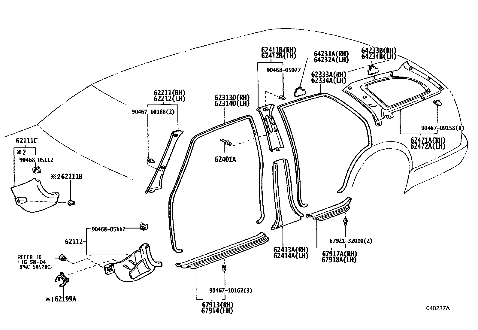 Toyota COROLLA 内饰板和车门防水胶条 EPC diagram — 640237A