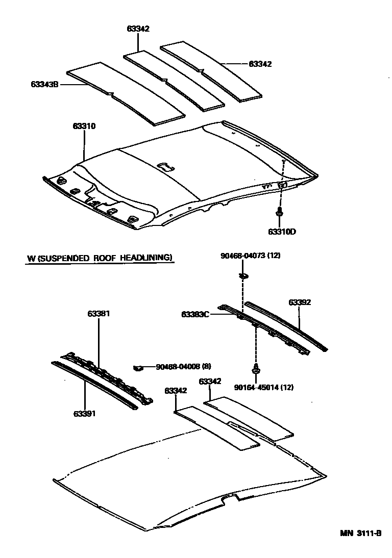 Toyota COROLLA 车顶内衬和消声垫 EPC diagram — MN3111B