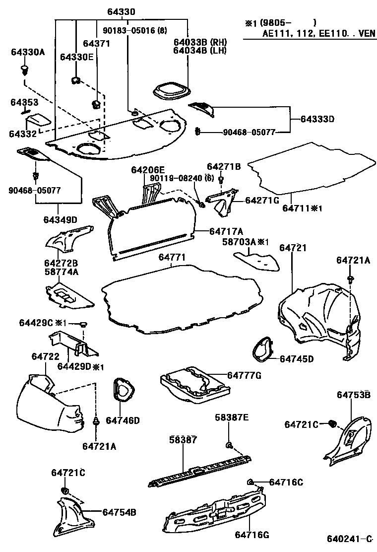 Toyota COROLLA 杂物箱板和行李箱垫 EPC diagram — 640241C