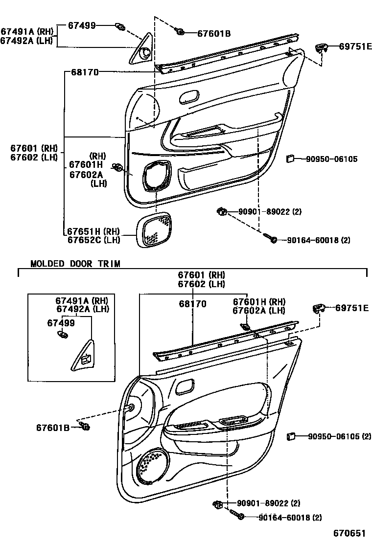 Toyota COROLLA 前门板和前门玻璃 EPC diagram — 670651