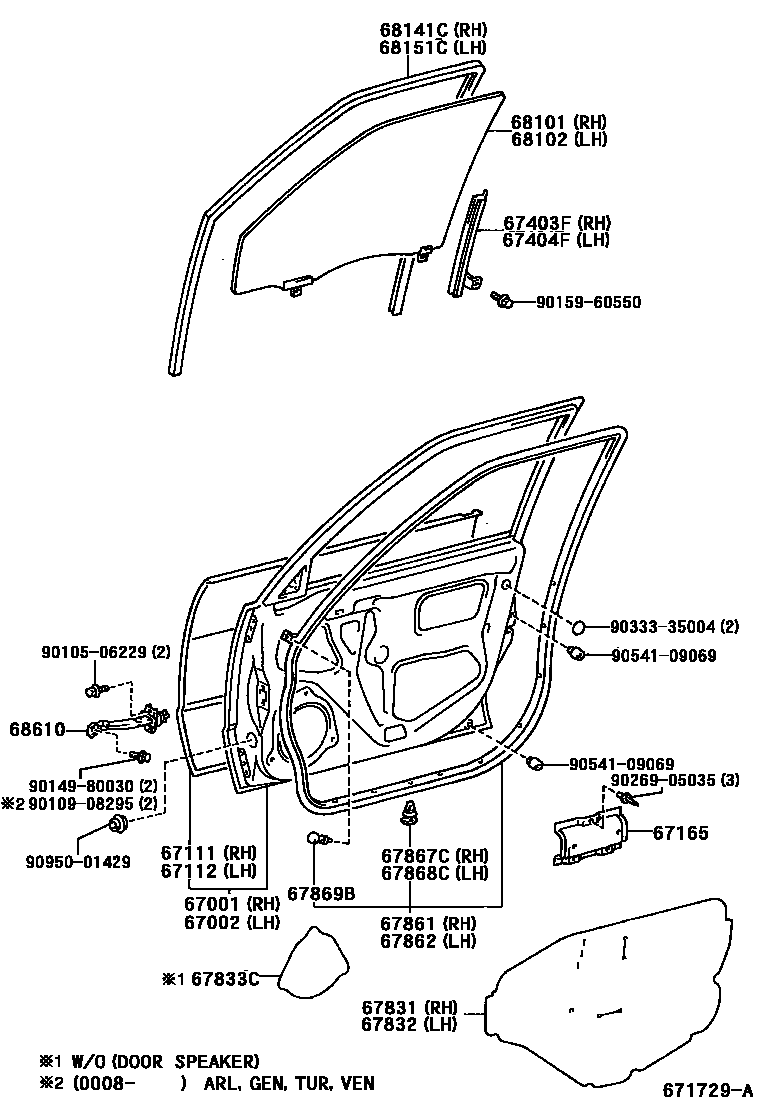 Toyota COROLLA 前门板和前门玻璃 EPC diagram — 671729A